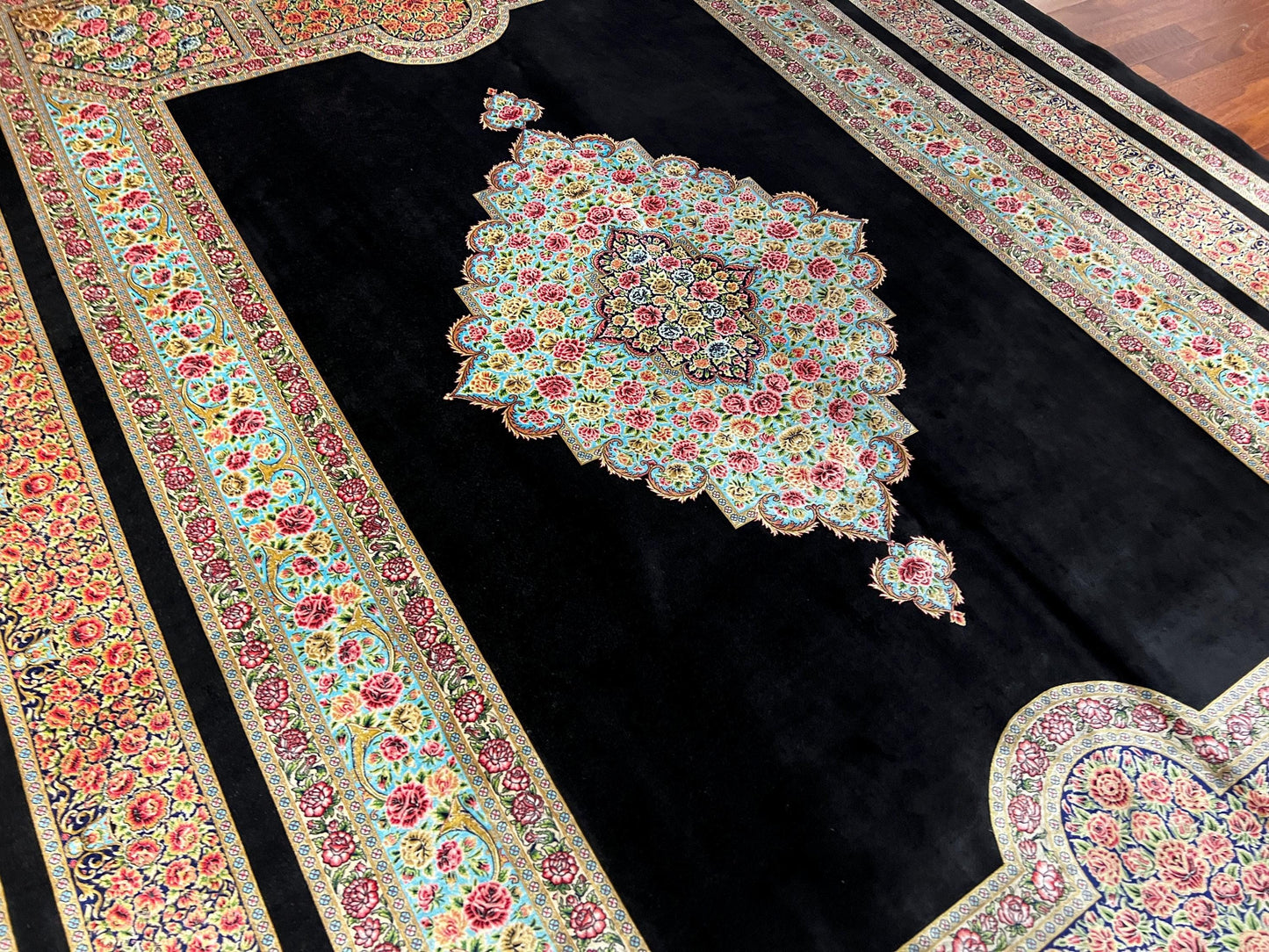 7x10 Black Silk Rug, Floral Medallion Rug, Turkish Area Rug, Luxury Living Room Rug, Large Rug