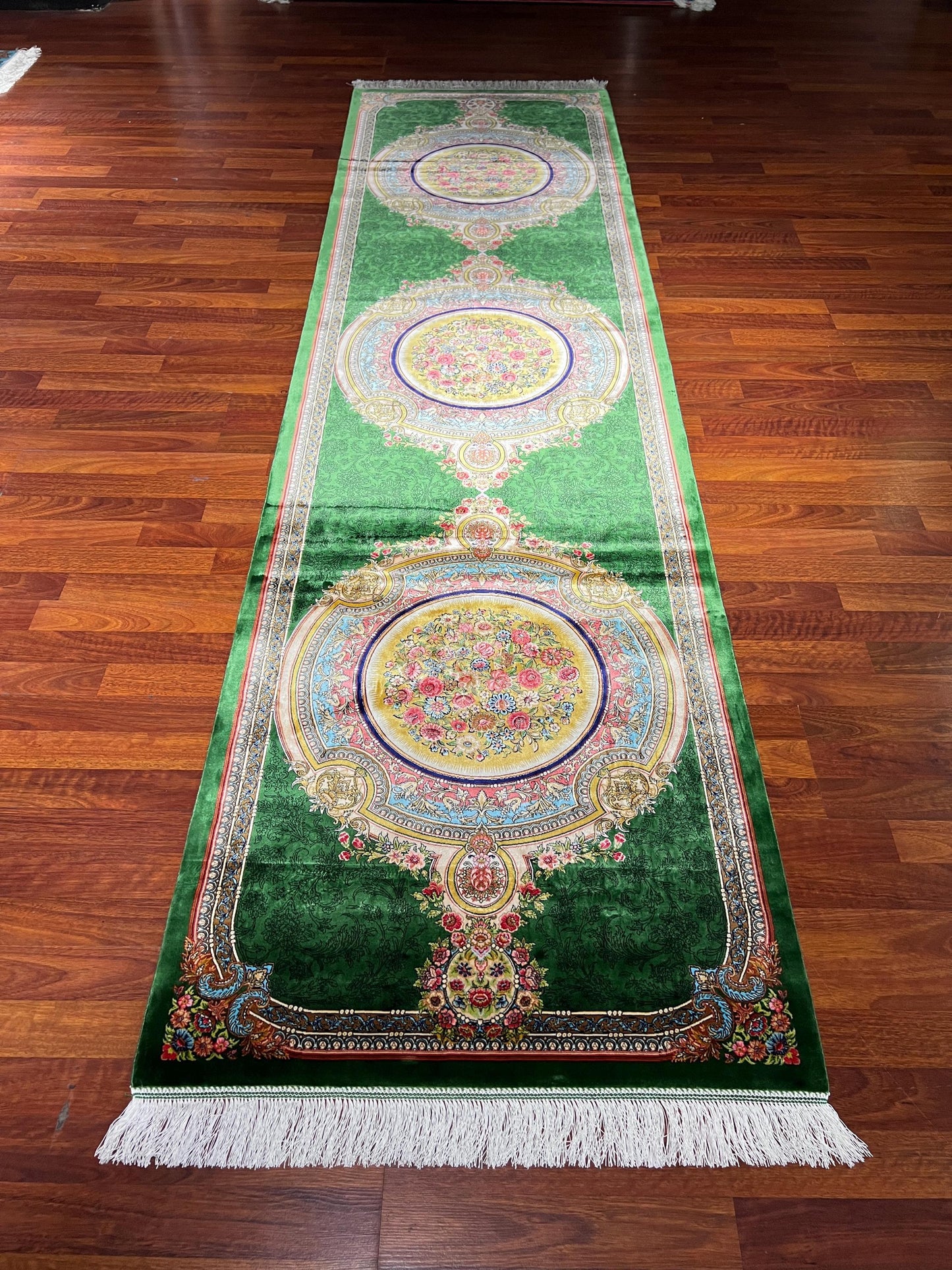 3x10 Green Silk Runner Rug, Luxury Turkish Silk Carpet, Medallion Hallway Rug
