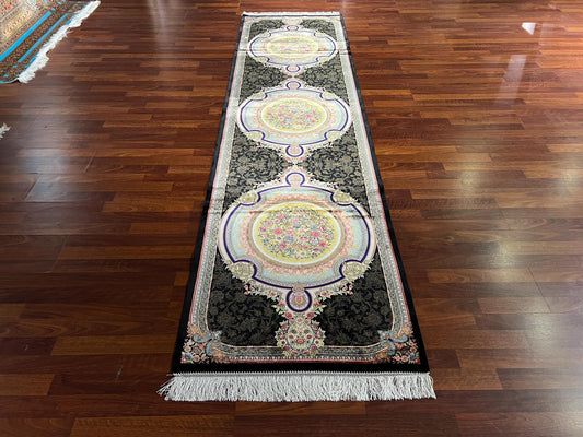 3x10 Black Silk Runner Rug, Medallion Turkish Rug, Luxury Hallway Carpet