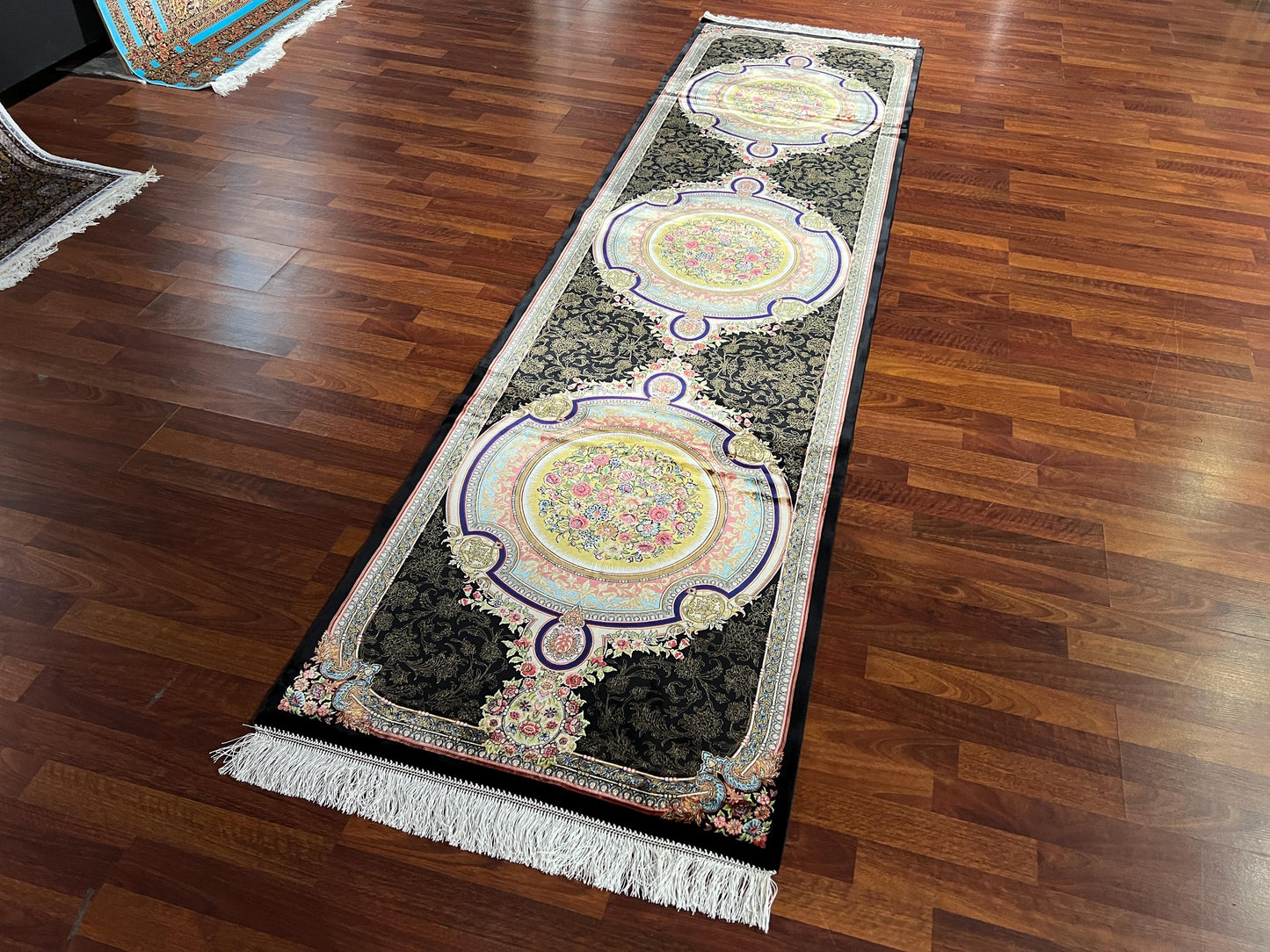 3x10 Black Silk Runner Rug, Medallion Turkish Rug, Luxury Hallway Carpet
