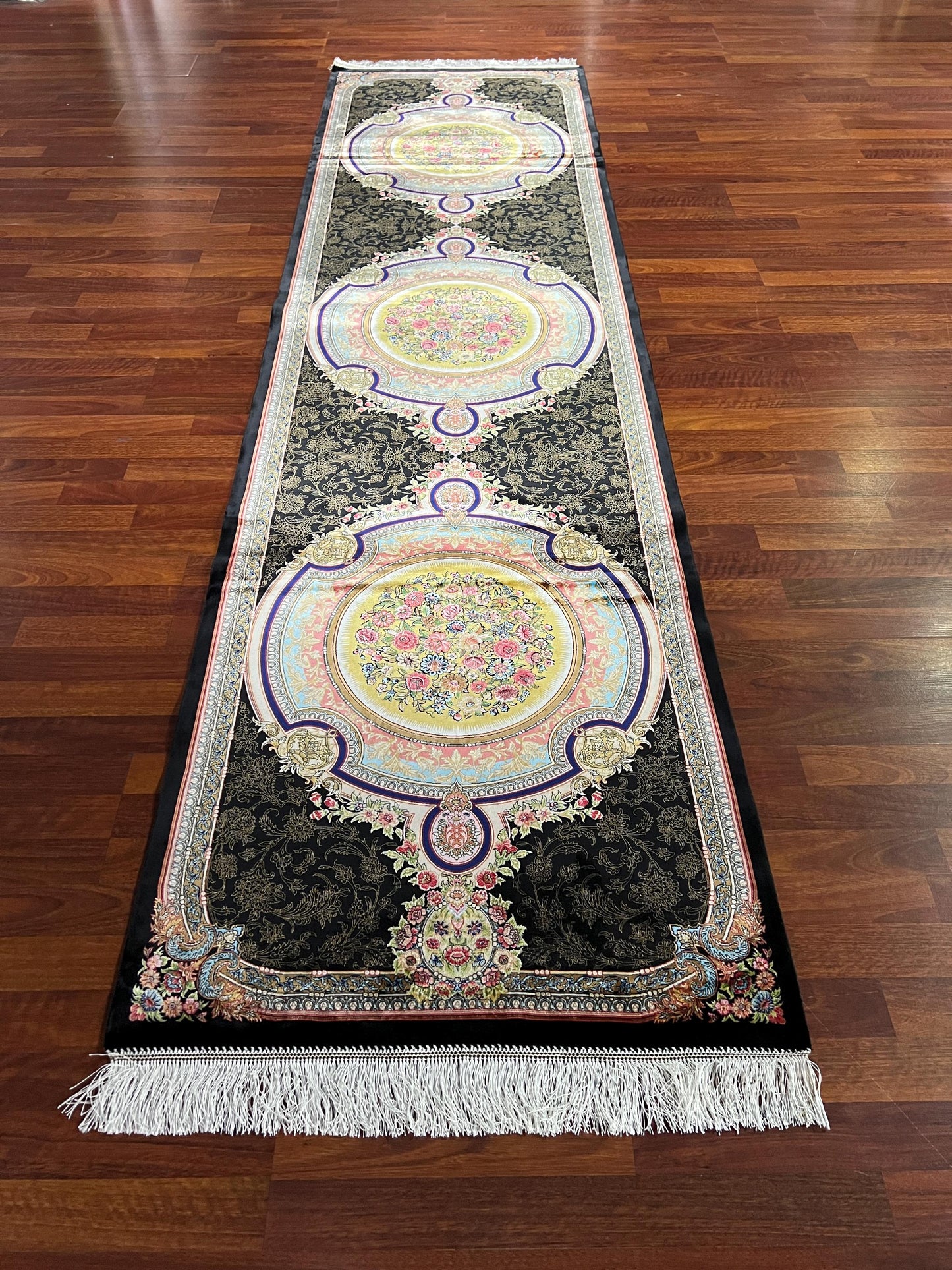 3x10 Black Silk Runner Rug, Medallion Turkish Rug, Luxury Hallway Carpet