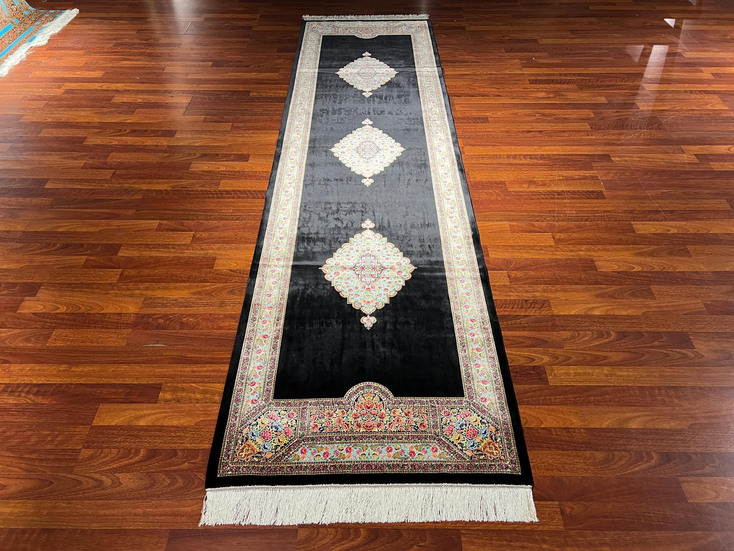 3x10 Black Silk Runner Rug, Floral Medallion Turkish Rug, Luxury Hallway Carpet