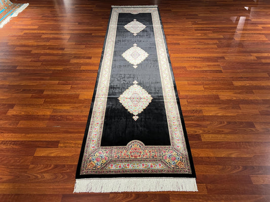 3x10 Black Silk Runner Rug, Floral Medallion Turkish Rug, Luxury Hallway Carpet