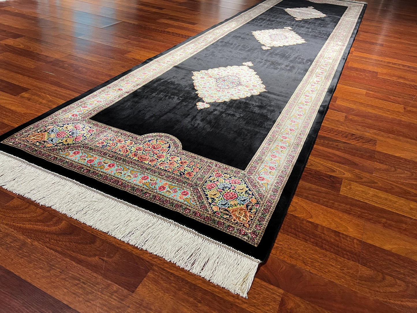 3x10 Black Silk Runner Rug, Floral Medallion Turkish Rug, Luxury Hallway Carpet