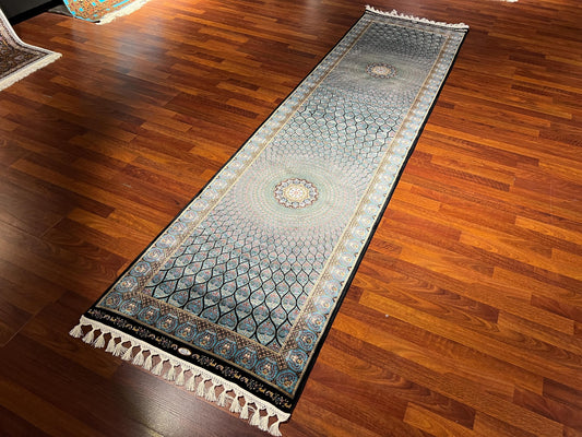 3x10 Blue Silk Runner Rug, Medallion Turkish Silk Carpet, Luxury Hallway Rug