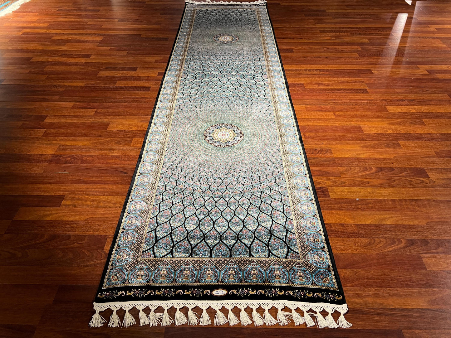 3x10 Blue Silk Runner Rug, Medallion Turkish Silk Carpet, Luxury Hallway Rug