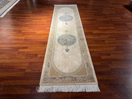 3x10 Gold Silk Runner Rug, Medallion Turkish Silk Carpet, Luxury Hallway Rug