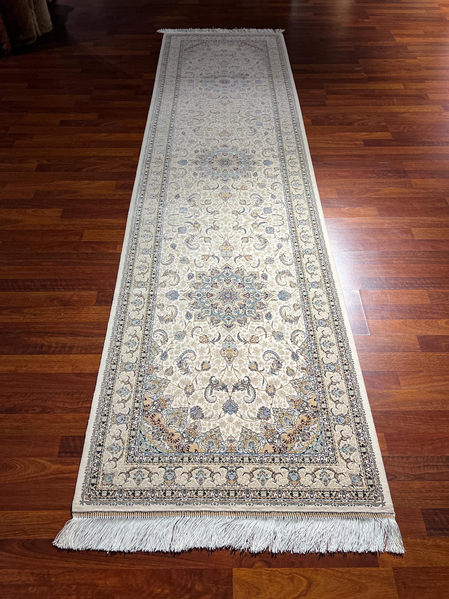 3x10 Beige Silk Runner Rug, Medallion Turkish Area Rug, Luxury Hallway Carpet