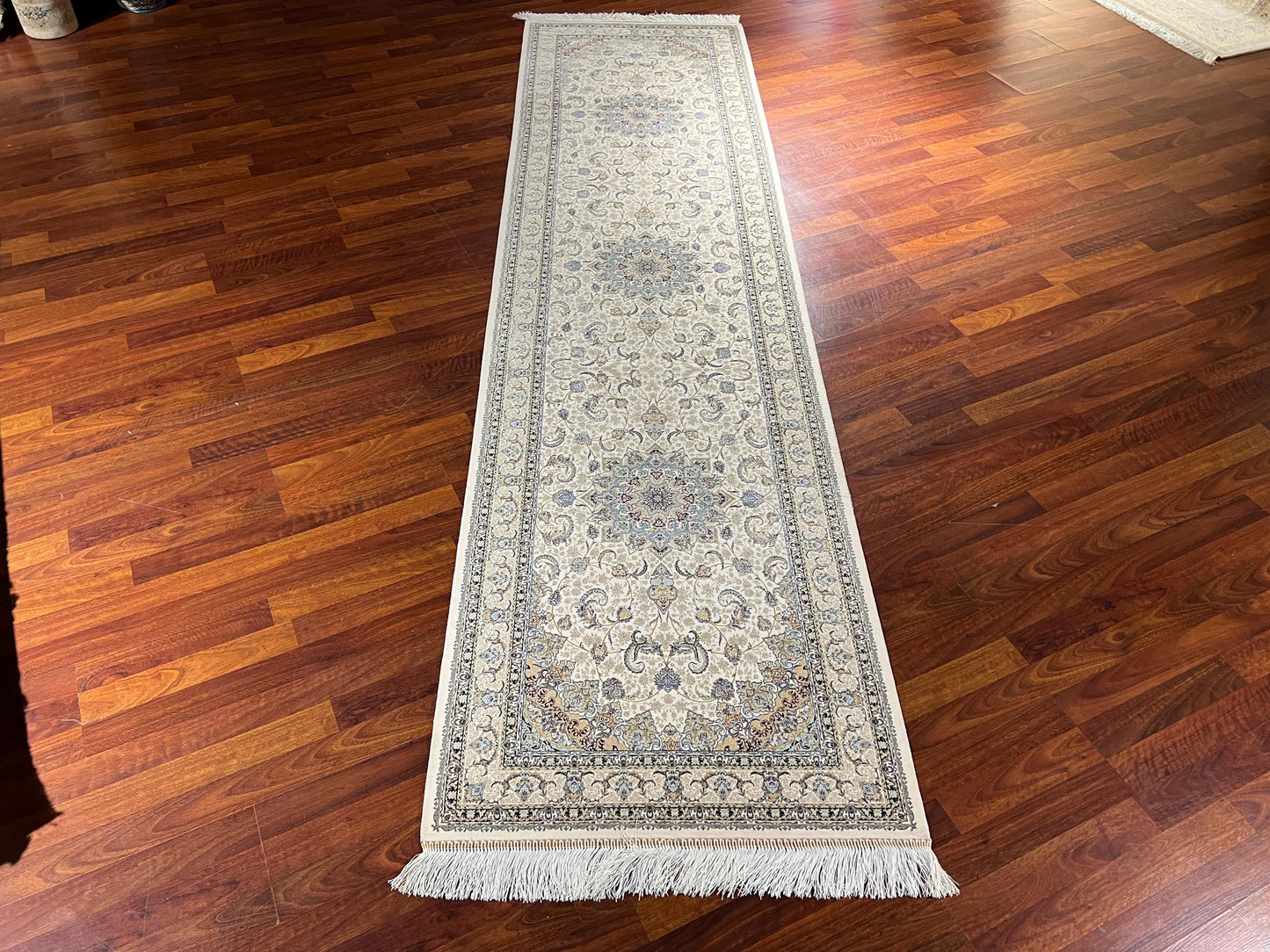 3x10 Beige Silk Runner Rug, Medallion Turkish Area Rug, Luxury Hallway Carpet