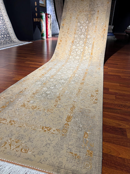 3x10 Gold Silk Runner Rug, Floral Turkish Runner, Luxury Hallway Carpet