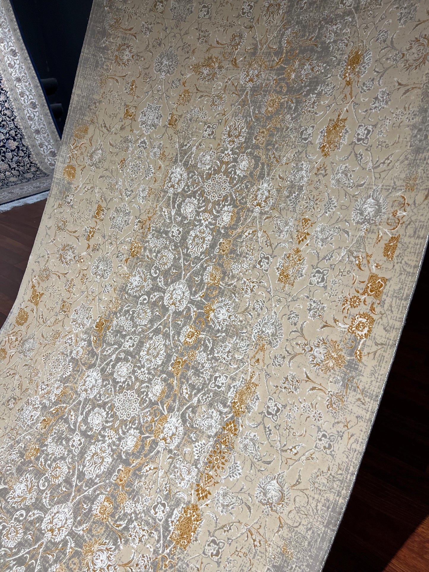 3x10 Gold Silk Runner Rug, Floral Turkish Runner, Luxury Hallway Carpet