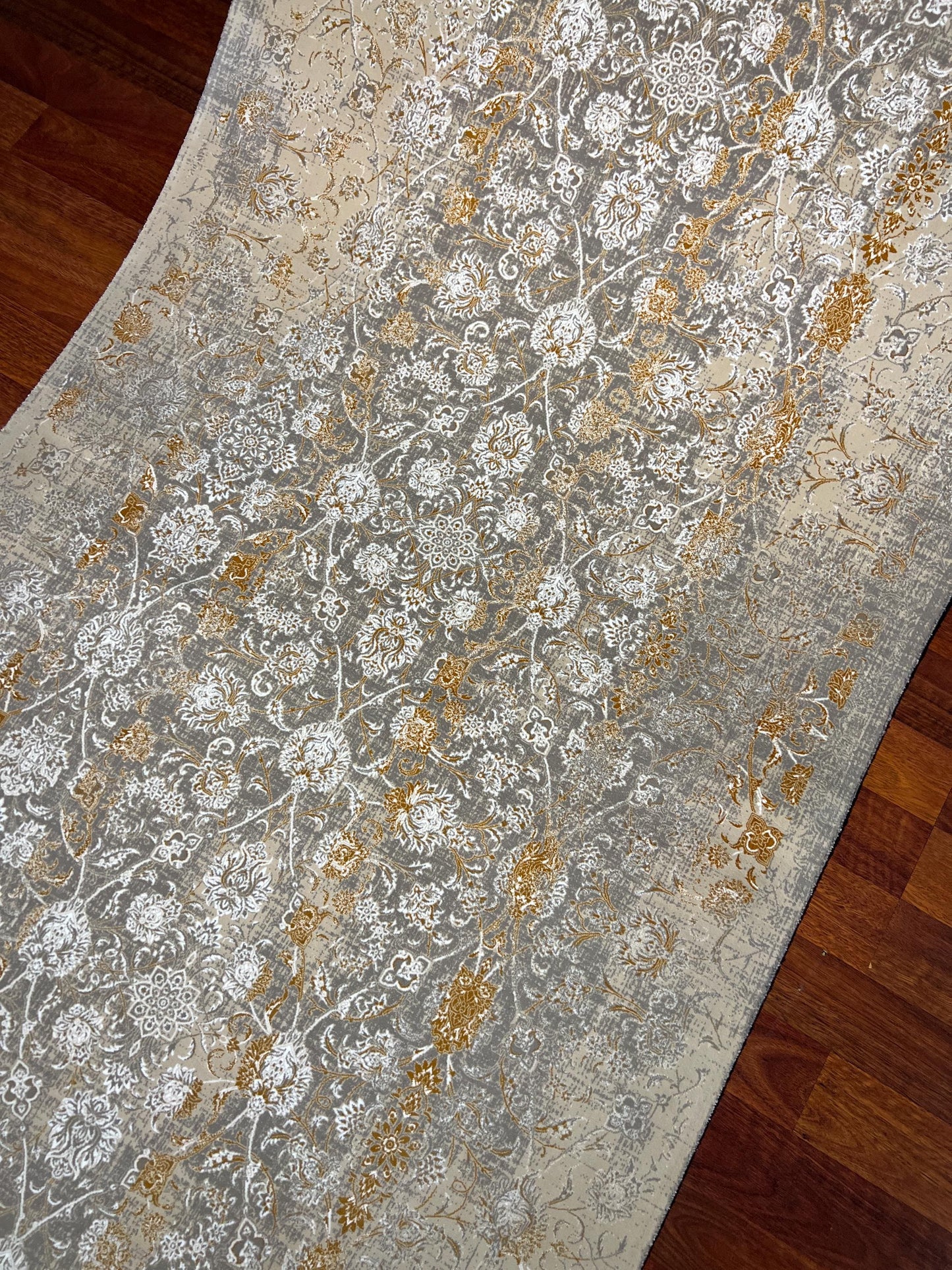 3x10 Gold Silk Runner Rug, Floral Turkish Runner, Luxury Hallway Carpet