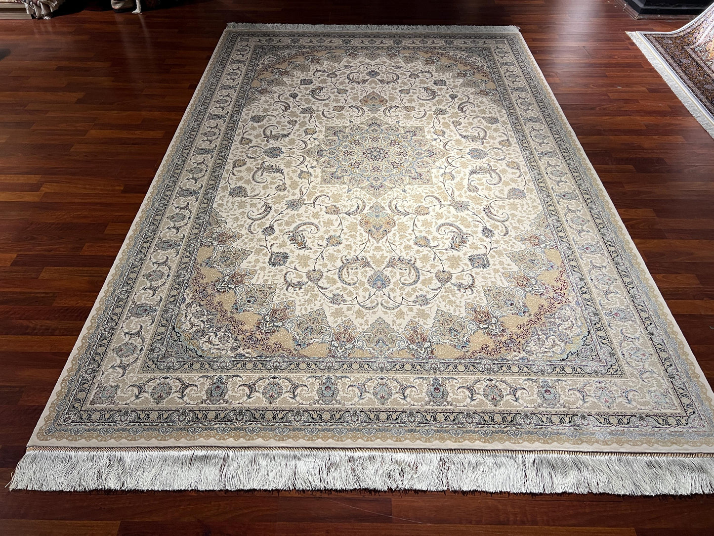 7x10 Cream Silk Rug, Floral Medallion Rug, Turkish Area Rug, Luxury Living Room Rug, Large Rug