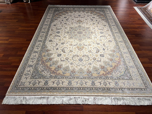7x10 Cream Silk Rug, Floral Medallion Rug, Turkish Area Rug, Luxury Living Room Rug, Large Rug