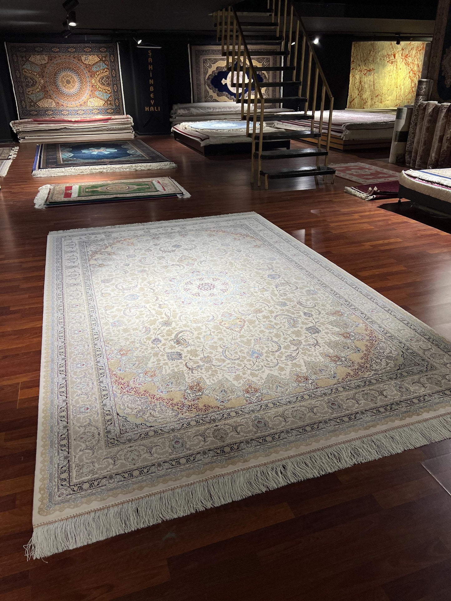 7x10 Cream Silk Rug, Floral Medallion Rug, Turkish Area Rug, Luxury Living Room Rug, Large Rug