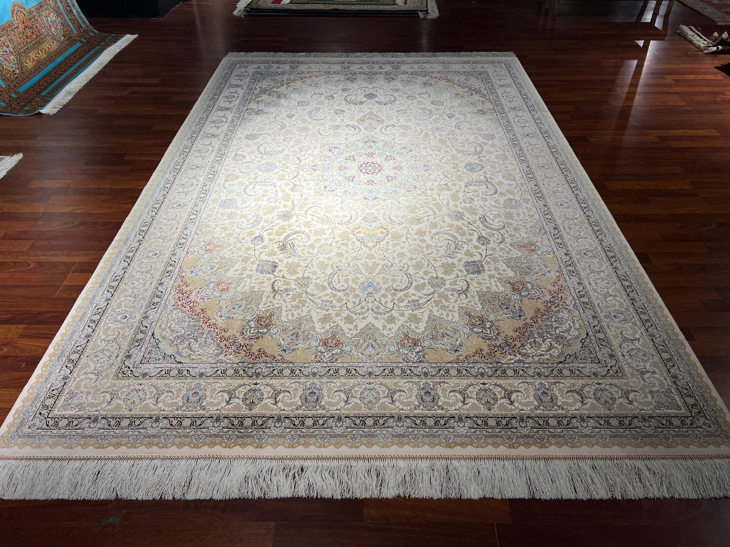 7x10 Cream Silk Rug, Floral Medallion Rug, Turkish Area Rug, Luxury Living Room Rug, Large Rug