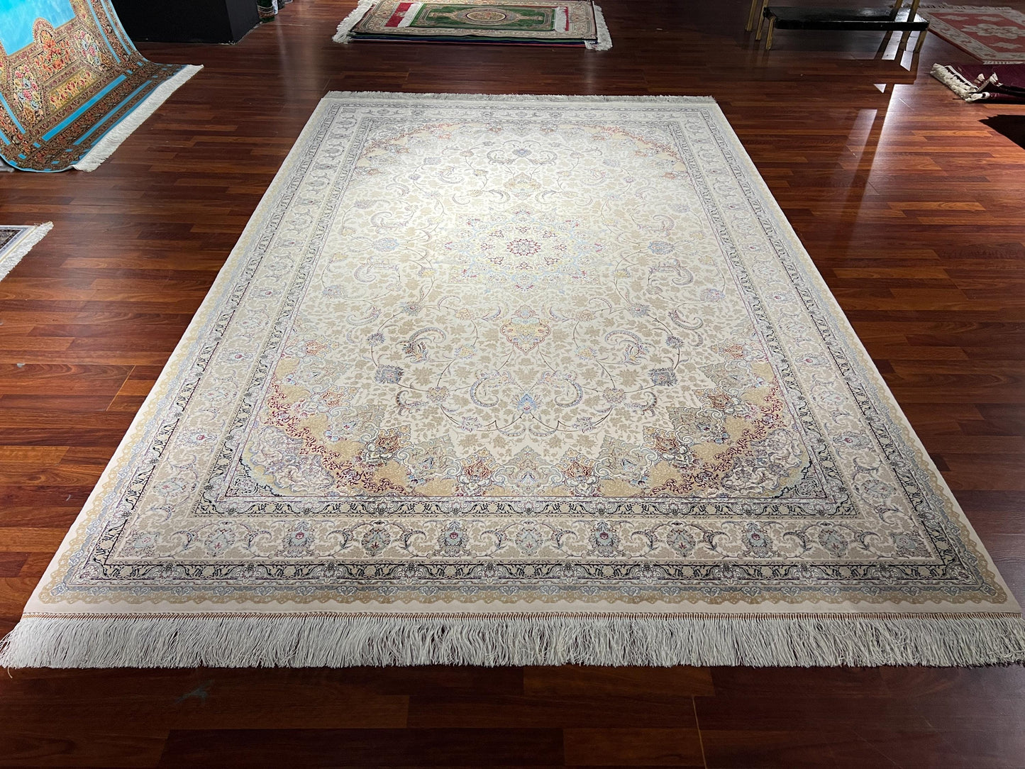 7x10 Cream Silk Rug, Floral Medallion Rug, Turkish Area Rug, Luxury Living Room Rug, Large Rug