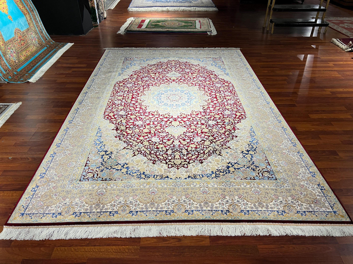 7x10 Red Beige Silk Rug, Floral Medallion Rug, Turkish Area Rug, Luxury Living Room Rug, Large Rug