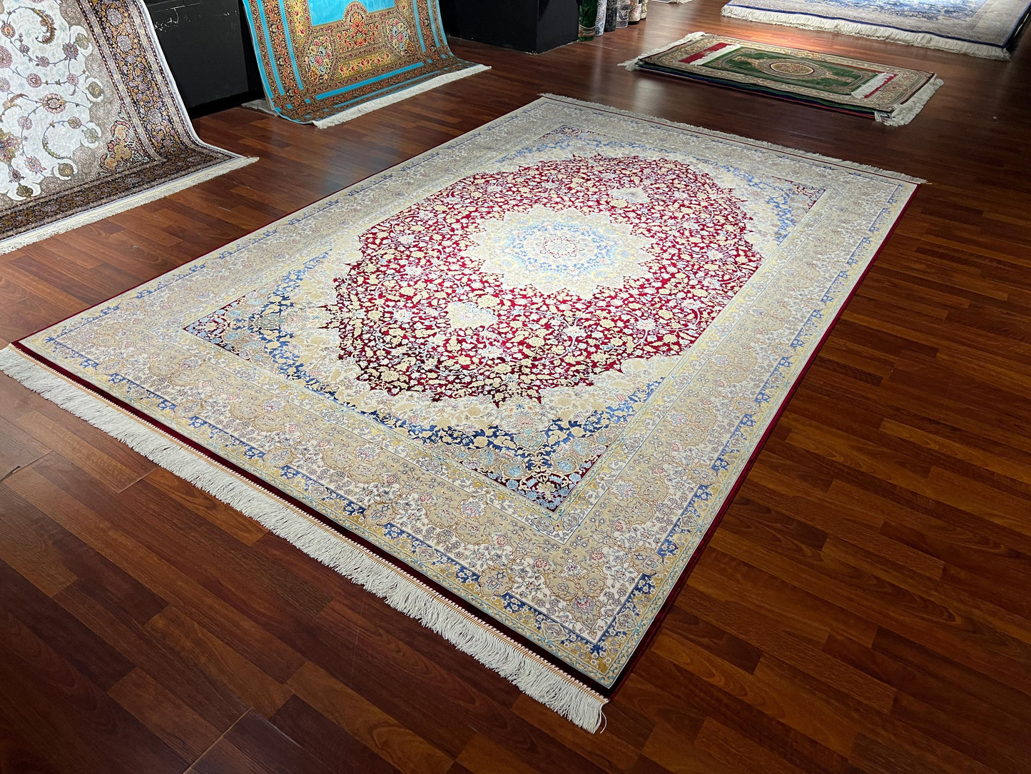 7x10 Red Beige Silk Rug, Floral Medallion Rug, Turkish Area Rug, Luxury Living Room Rug, Large Rug