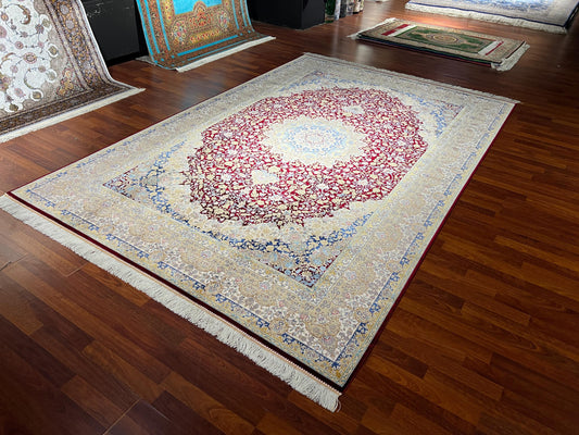7x10 Red Beige Silk Rug, Floral Medallion Rug, Turkish Area Rug, Luxury Living Room Rug, Large Rug