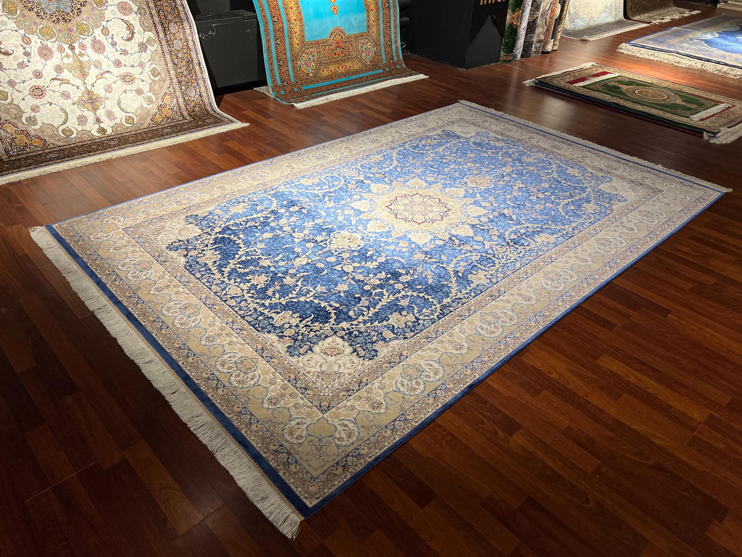 7x10 Blue Silk Rug, Floral Medallion Rug, Turkish Area Rug, Luxury Living Room Rug, Large Rug