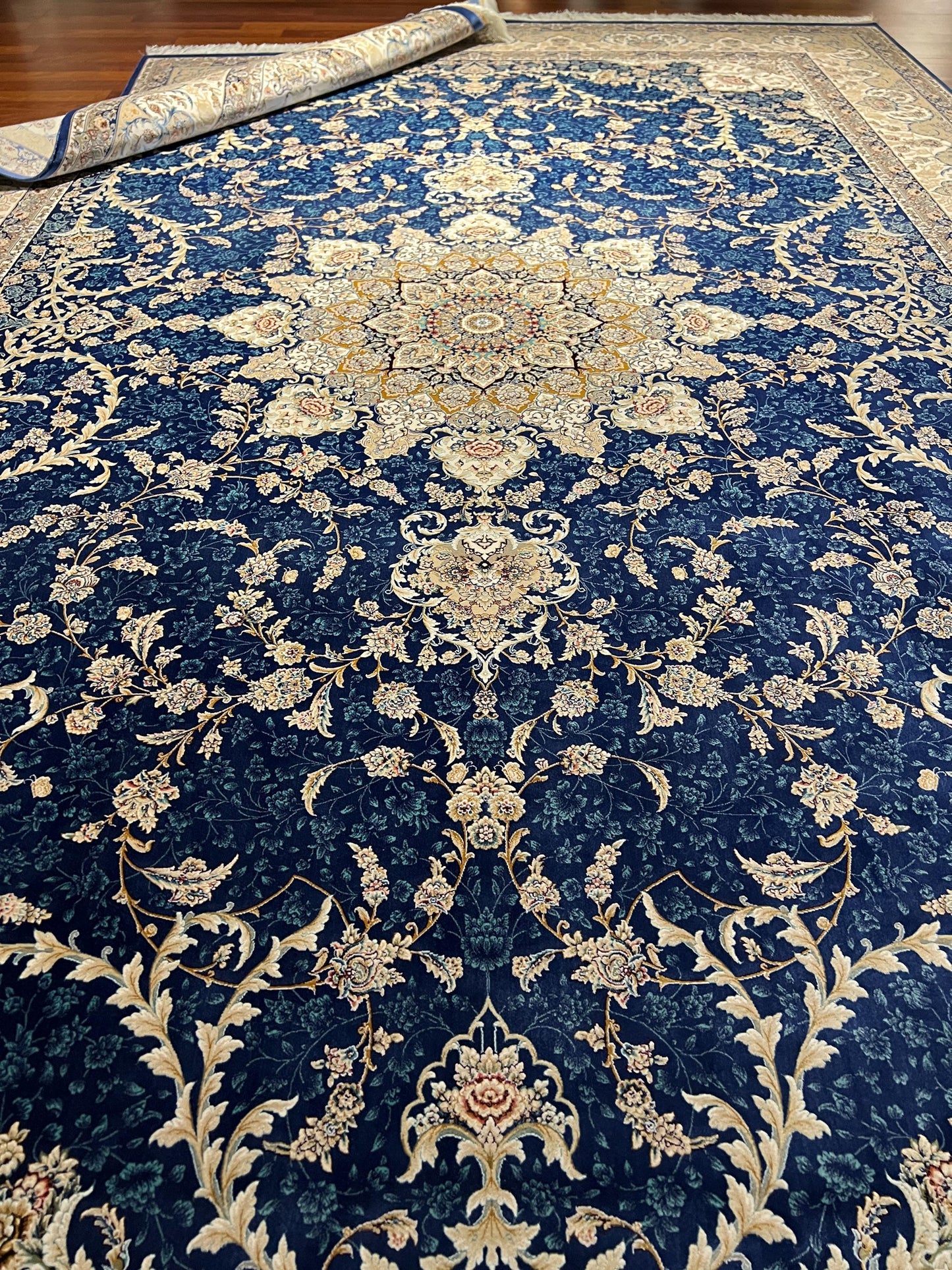 7x10 Blue Silk Rug, Floral Medallion Rug, Turkish Area Rug, Luxury Living Room Rug, Large Rug