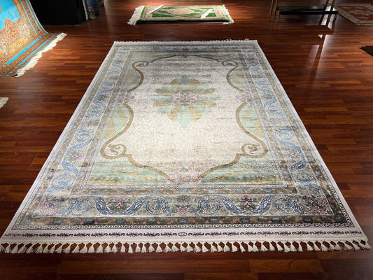 7x10 Green Medallion Silk Rug, Cream Area Rug, Turkish Silk Carpet, Luxury Living Room Rug