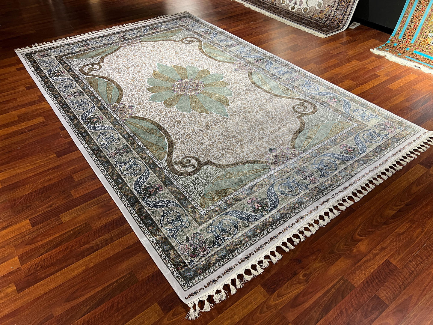 7x10 Green Medallion Silk Rug, Cream Area Rug, Turkish Silk Carpet, Luxury Living Room Rug