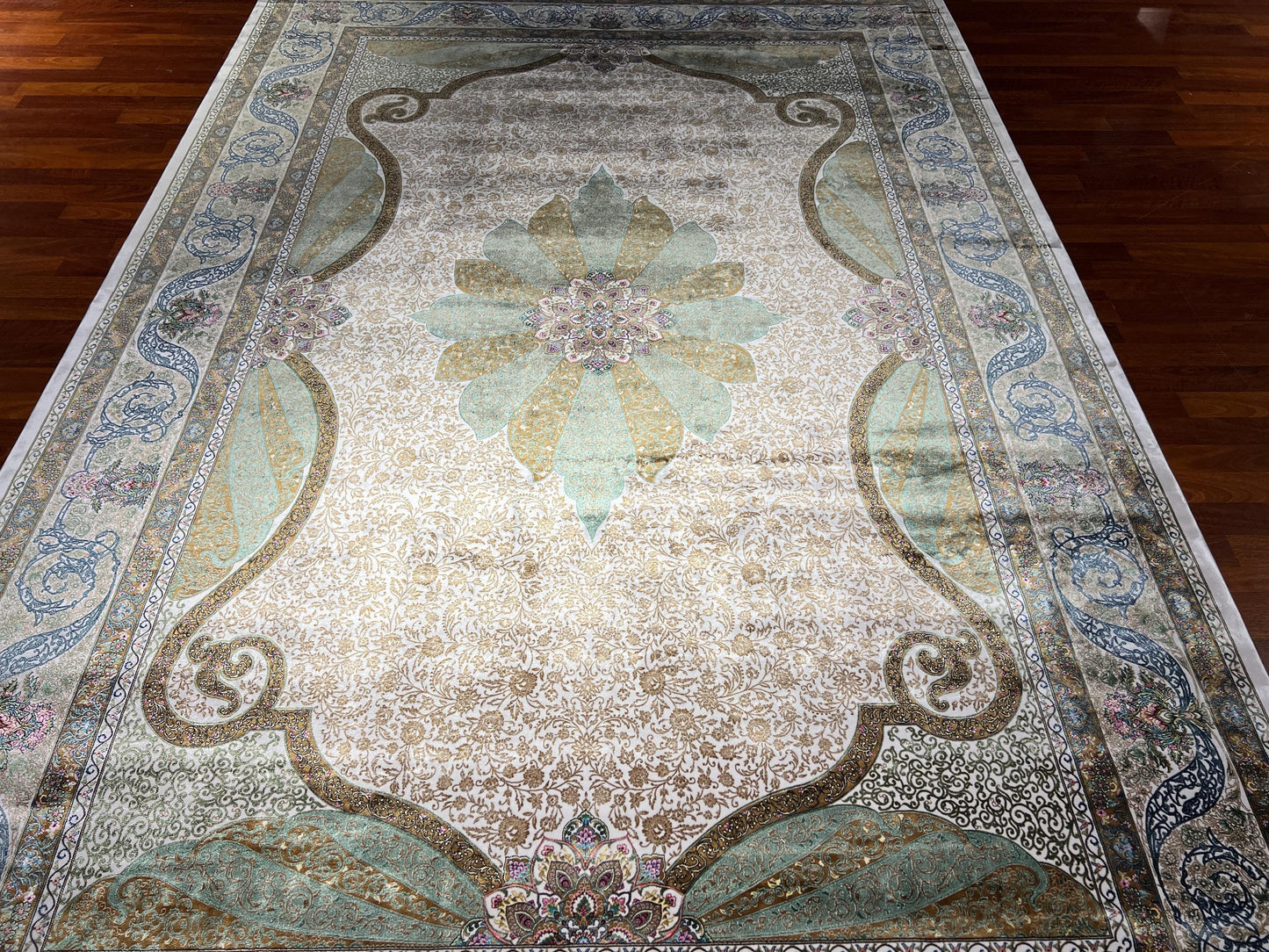 7x10 Green Medallion Silk Rug, Cream Area Rug, Turkish Silk Carpet, Luxury Living Room Rug