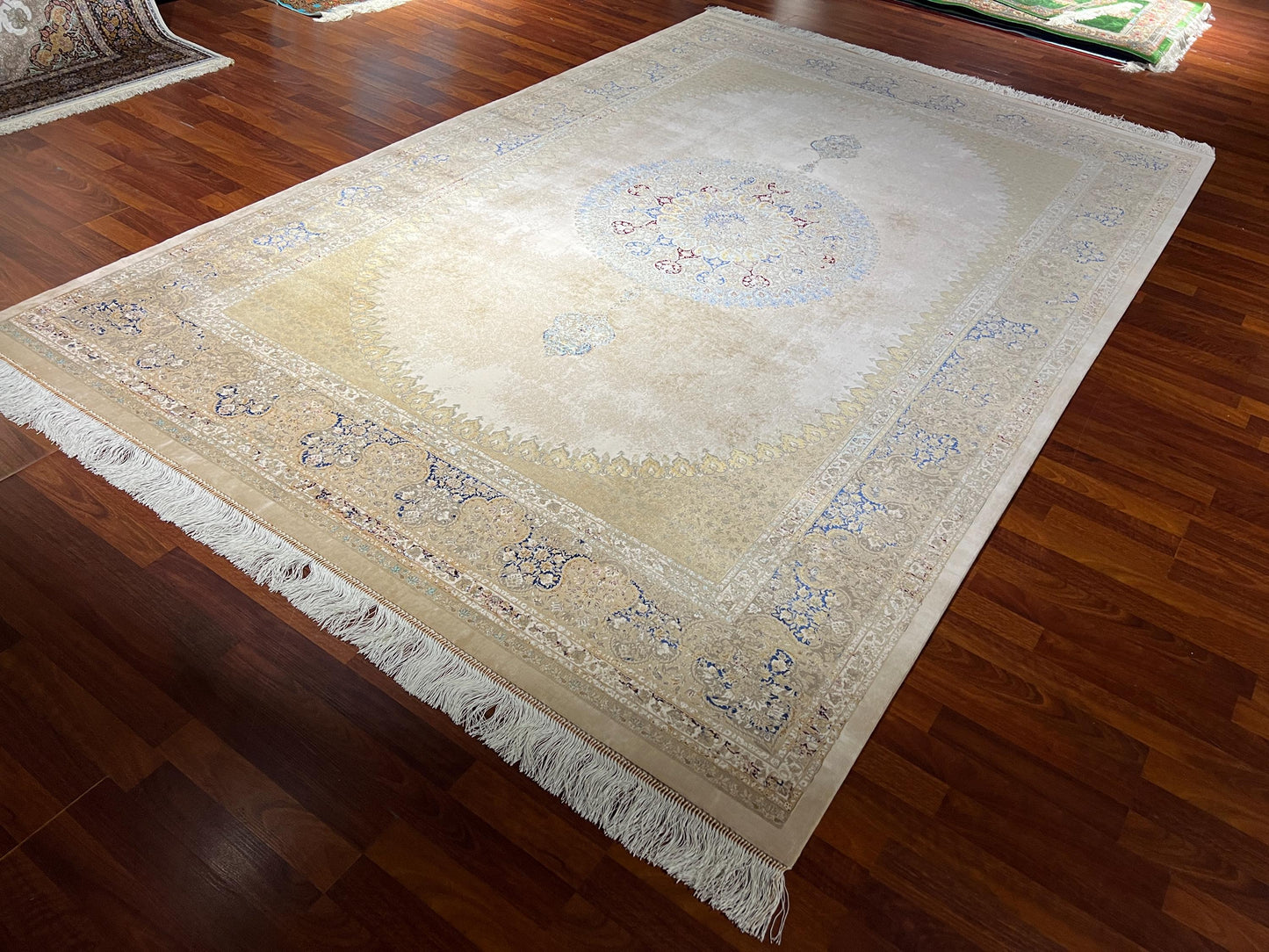 7x10 Beige Medallion Silk Rug, Cream Area Rug, Turkish Silk Carpet, Luxury Living Room Rug