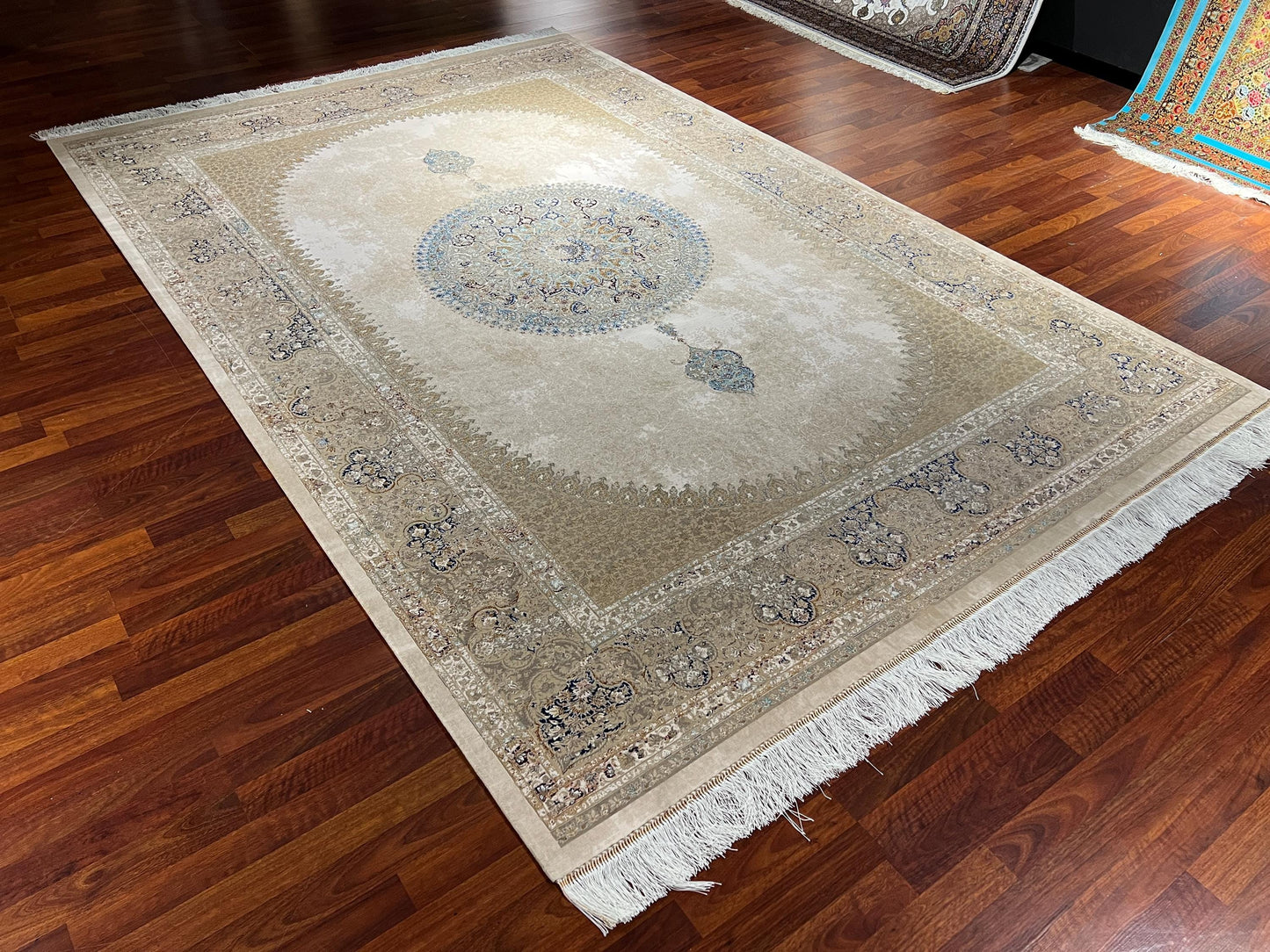 7x10 Beige Medallion Silk Rug, Cream Area Rug, Turkish Silk Carpet, Luxury Living Room Rug