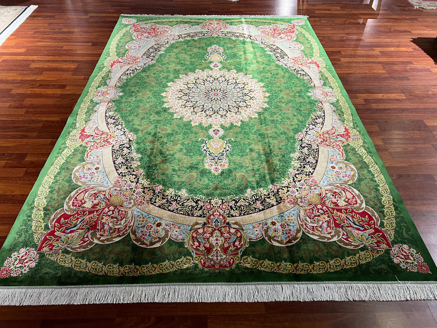 7x10 Green Silk Rug, Medallion Area Rug, Turkish Silk Carpet, Luxury Living Room Rug