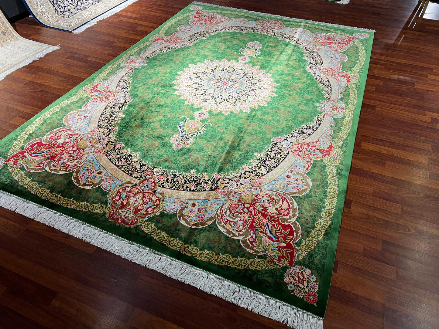 7x10 Green Silk Rug, Medallion Area Rug, Turkish Silk Carpet, Luxury Living Room Rug