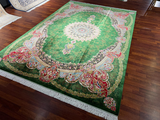 7x10 Green Silk Rug, Medallion Area Rug, Turkish Silk Carpet, Luxury Living Room Rug