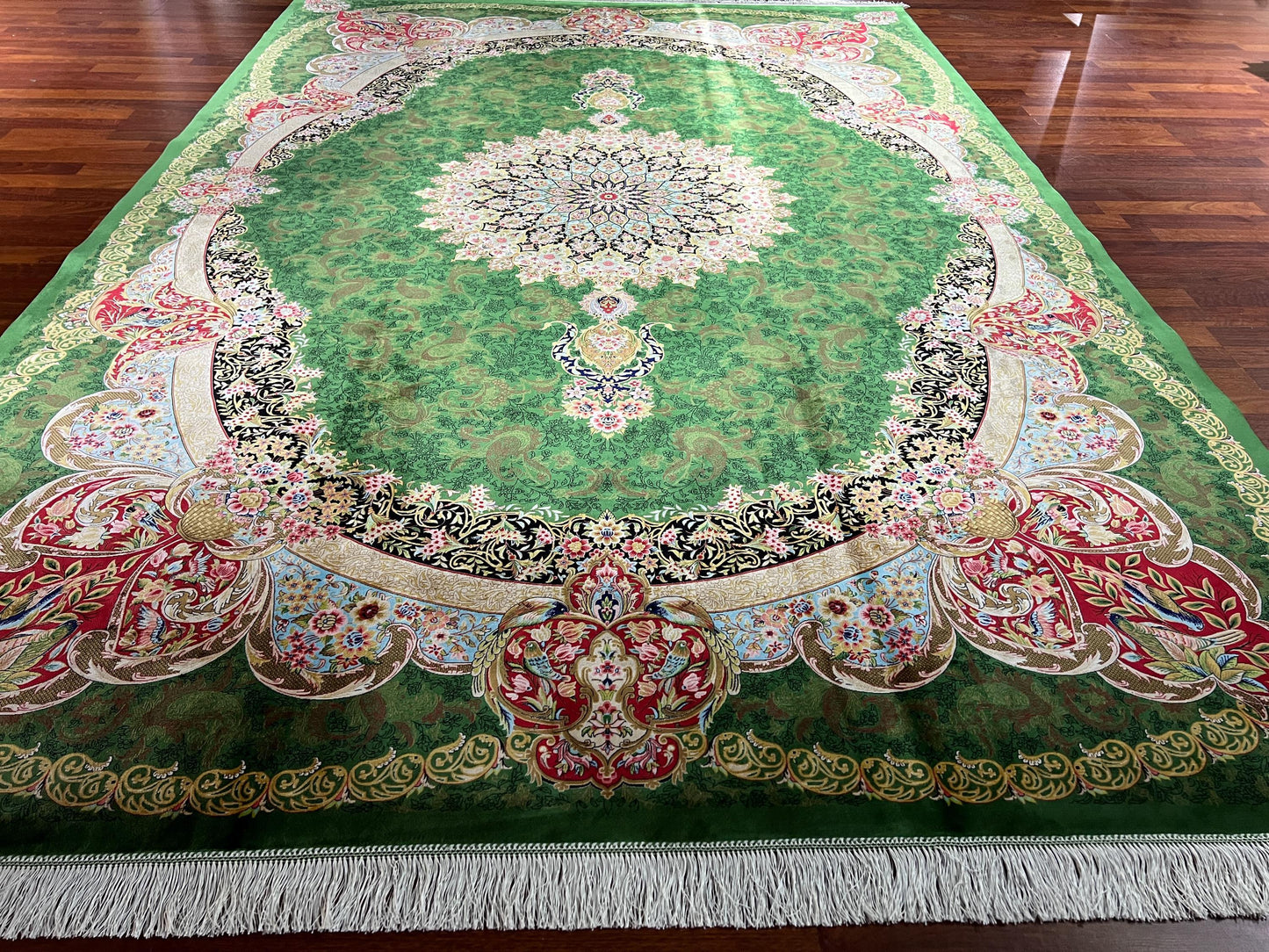 7x10 Green Silk Rug, Medallion Area Rug, Turkish Silk Carpet, Luxury Living Room Rug
