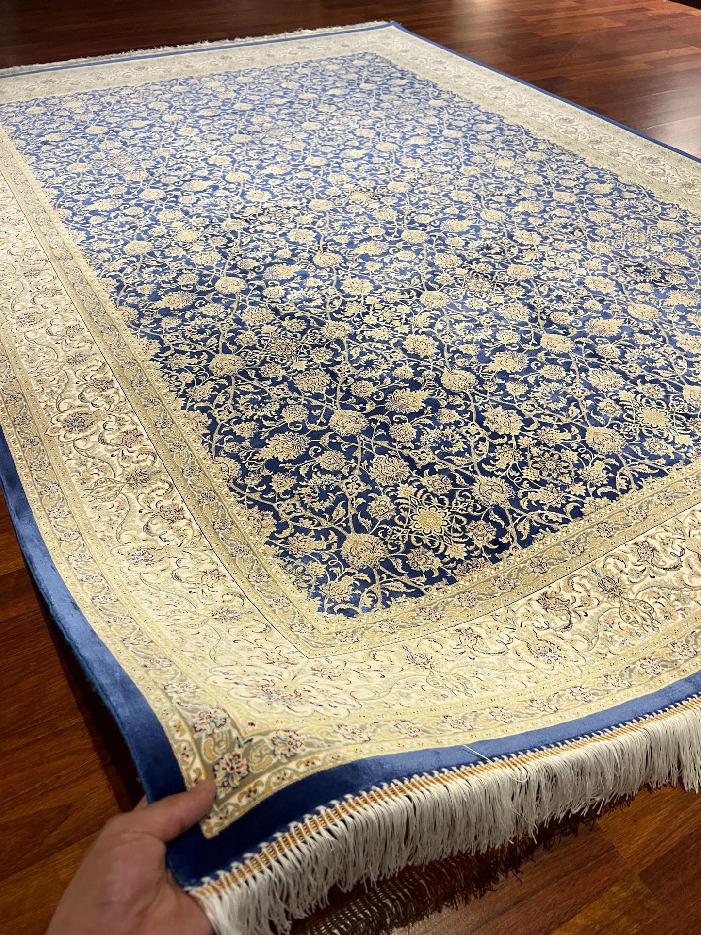 7x10 Blue Gold Silk Rug, Floral Pattern Area Rug, Turkish Silk Carpet, Luxury Living Room Rug
