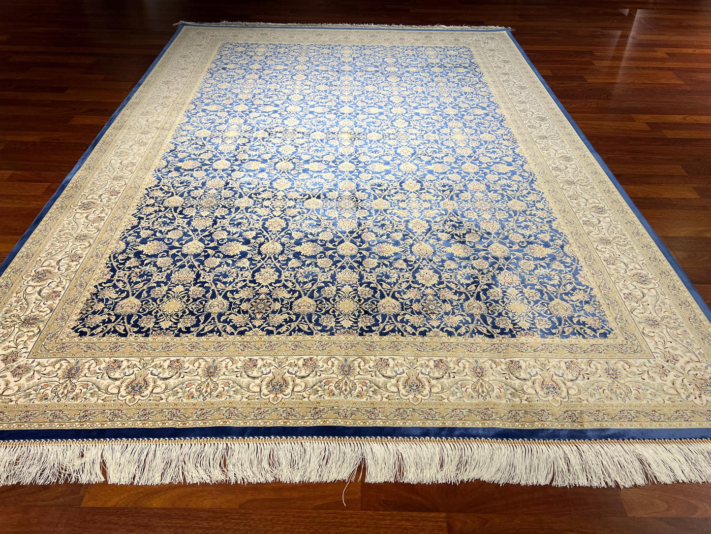 7x10 Blue Gold Silk Rug, Floral Pattern Area Rug, Turkish Silk Carpet, Luxury Living Room Rug