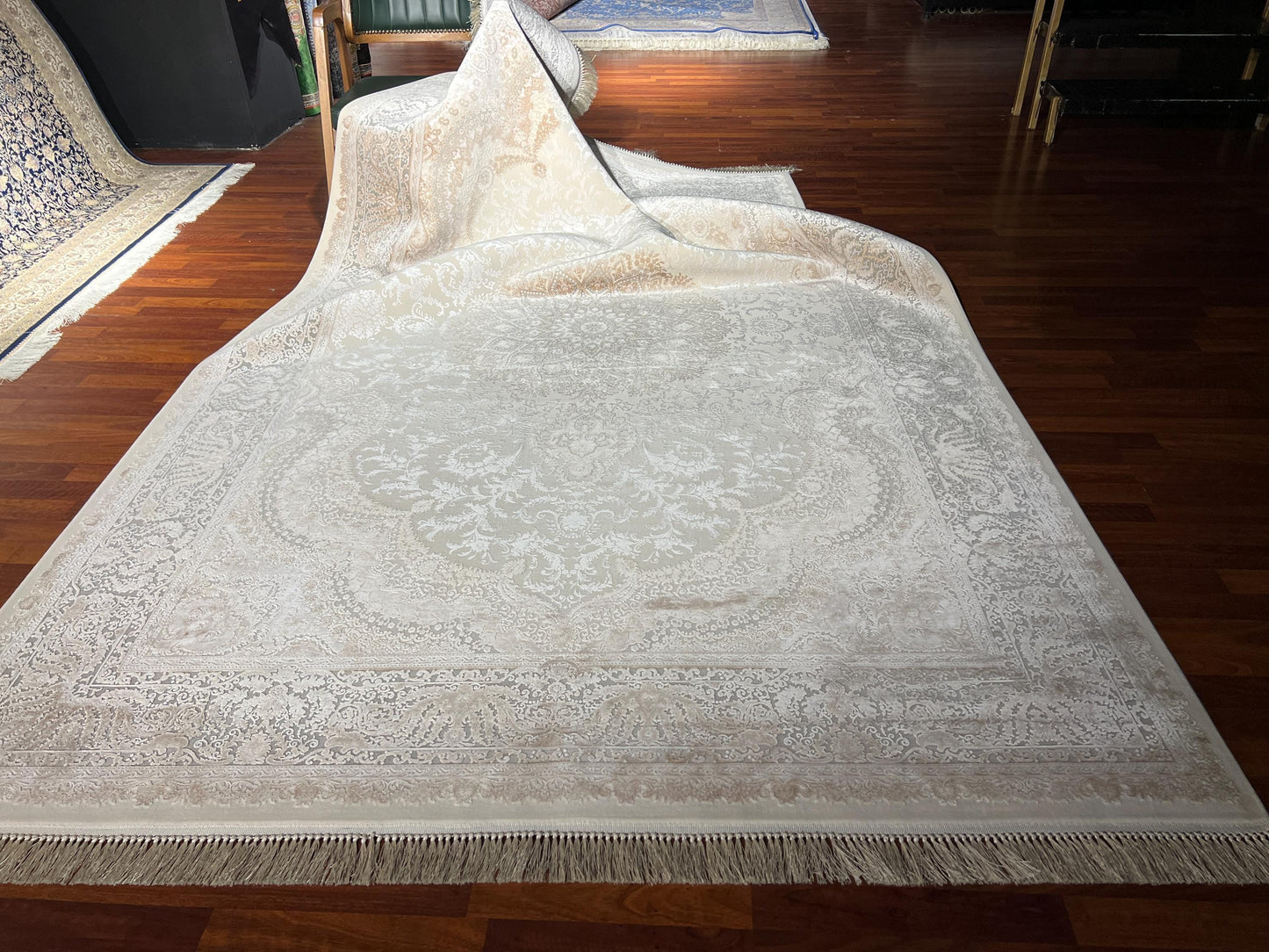 7x10 Beige Gray Bamboo Silk Rug, Floral Medallion Rug, Turkish Area Rug, Luxury Living Room Rug