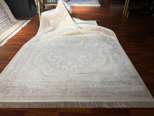 7x10 Beige Gray Bamboo Silk Rug, Floral Medallion Rug, Turkish Area Rug, Luxury Living Room Rug