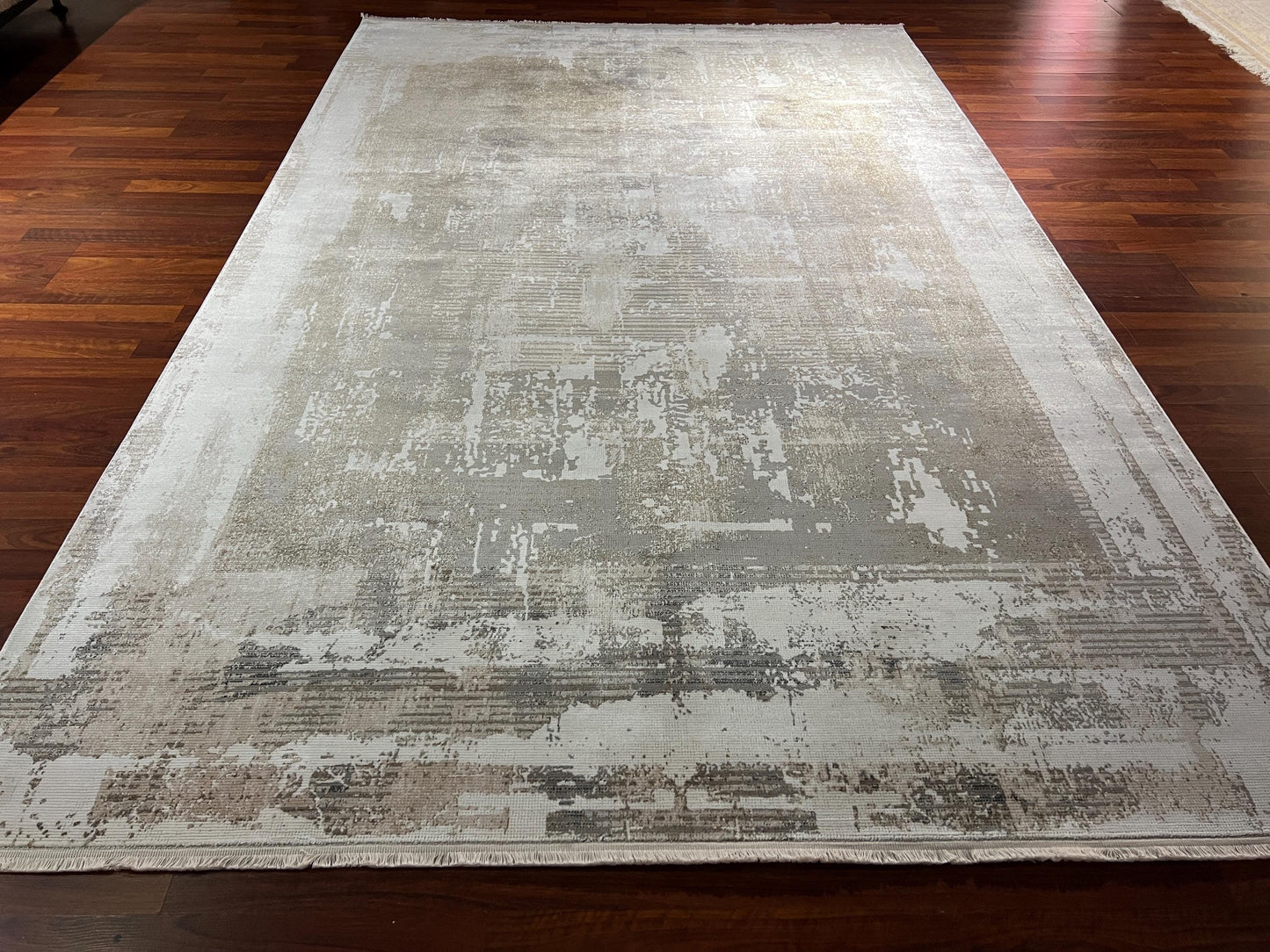 7x10 Modern Cream Gray Rug, Abstract Pattern Rug, Bamboo Silk Rug, Luxury Living Room Rug