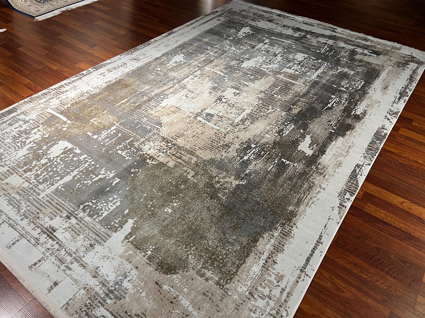 7x10 Modern Cream Gray Rug, Abstract Pattern Rug, Bamboo Silk Rug, Luxury Living Room Rug