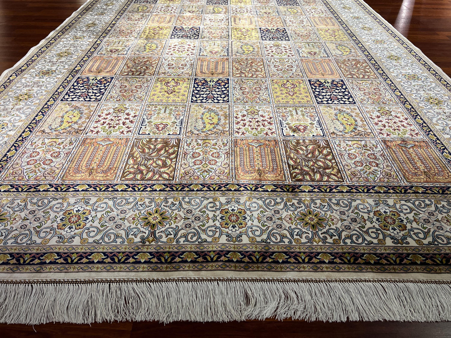 7x10 Garden Panel Silk Rug, Beige Floral Patchwork Rug, Turkish Area Rug, Luxury Living Room Rug