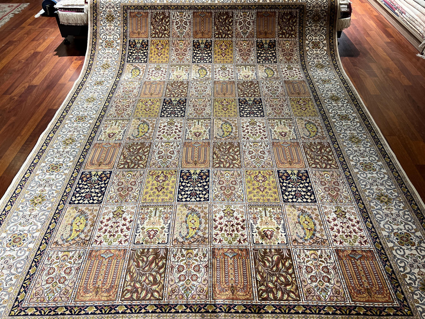 7x10 Garden Panel Silk Rug, Beige Floral Patchwork Rug, Turkish Area Rug, Luxury Living Room Rug