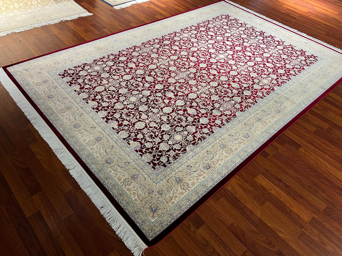 10x13 Red Floral Silk Rug, Ivory Border Classic Rug, Turkish Area Rug, Luxury Living Room Rug