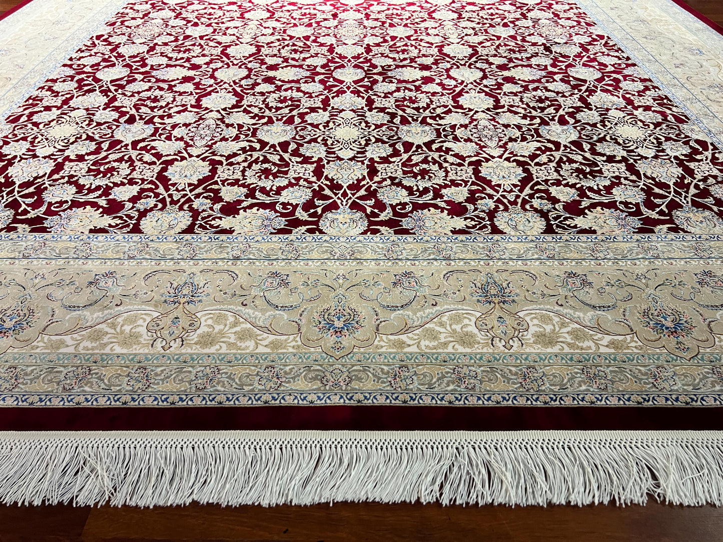 10x13 Red Floral Silk Rug, Ivory Border Classic Rug, Turkish Area Rug, Luxury Living Room Rug