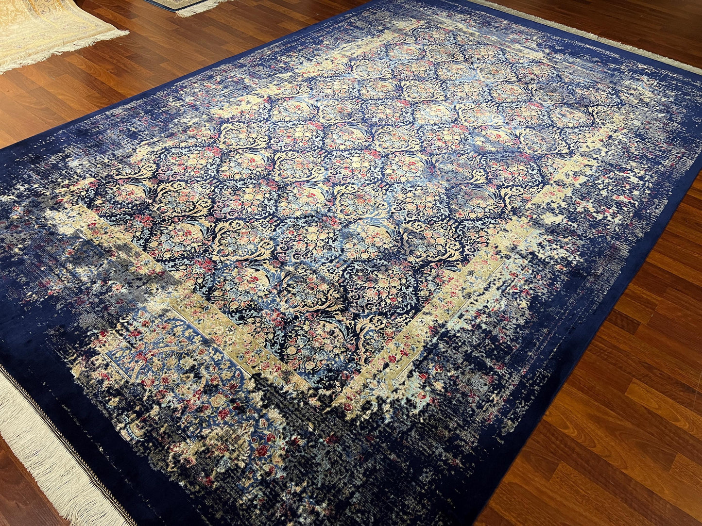 7x10 Navy Distressed Medallion Rug, Vintage Style Silk Rug, Turkish Area Rug, Luxury Living Room Rug