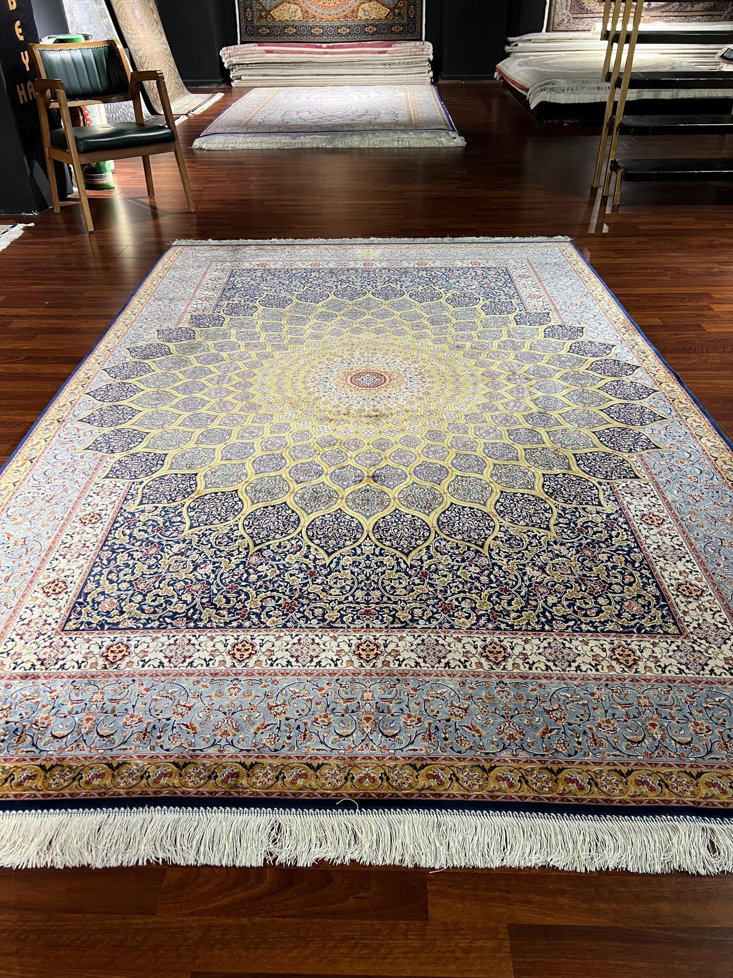 7x10 Gold Beige Medallion Rug, Oriental Silk Rug, Turkish Area Rug, Luxury Living Room Rug