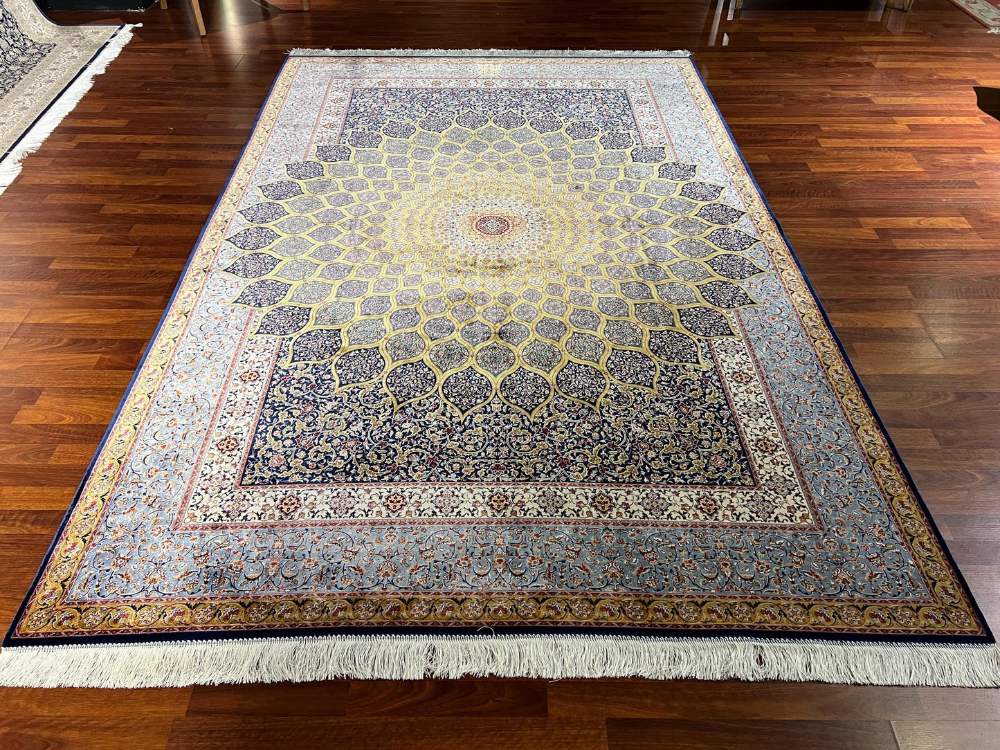 7x10 Gold Beige Medallion Rug, Oriental Silk Rug, Turkish Area Rug, Luxury Living Room Rug