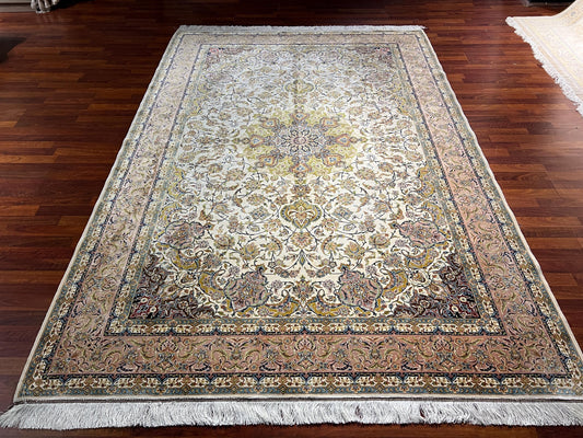 7x10 Beige Floral Medallion Rug, Oriental Silk Rug, Turkish Area Rug, Luxury Living Room Rug