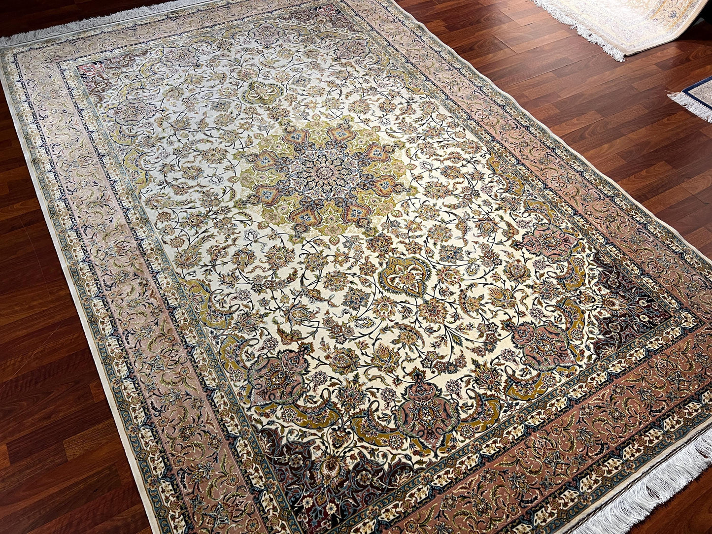 7x10 Beige Floral Medallion Rug, Oriental Silk Rug, Turkish Area Rug, Luxury Living Room Rug